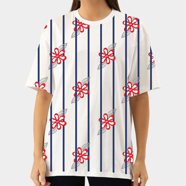 Blue Stripe Flower Design T-Shirt (White)